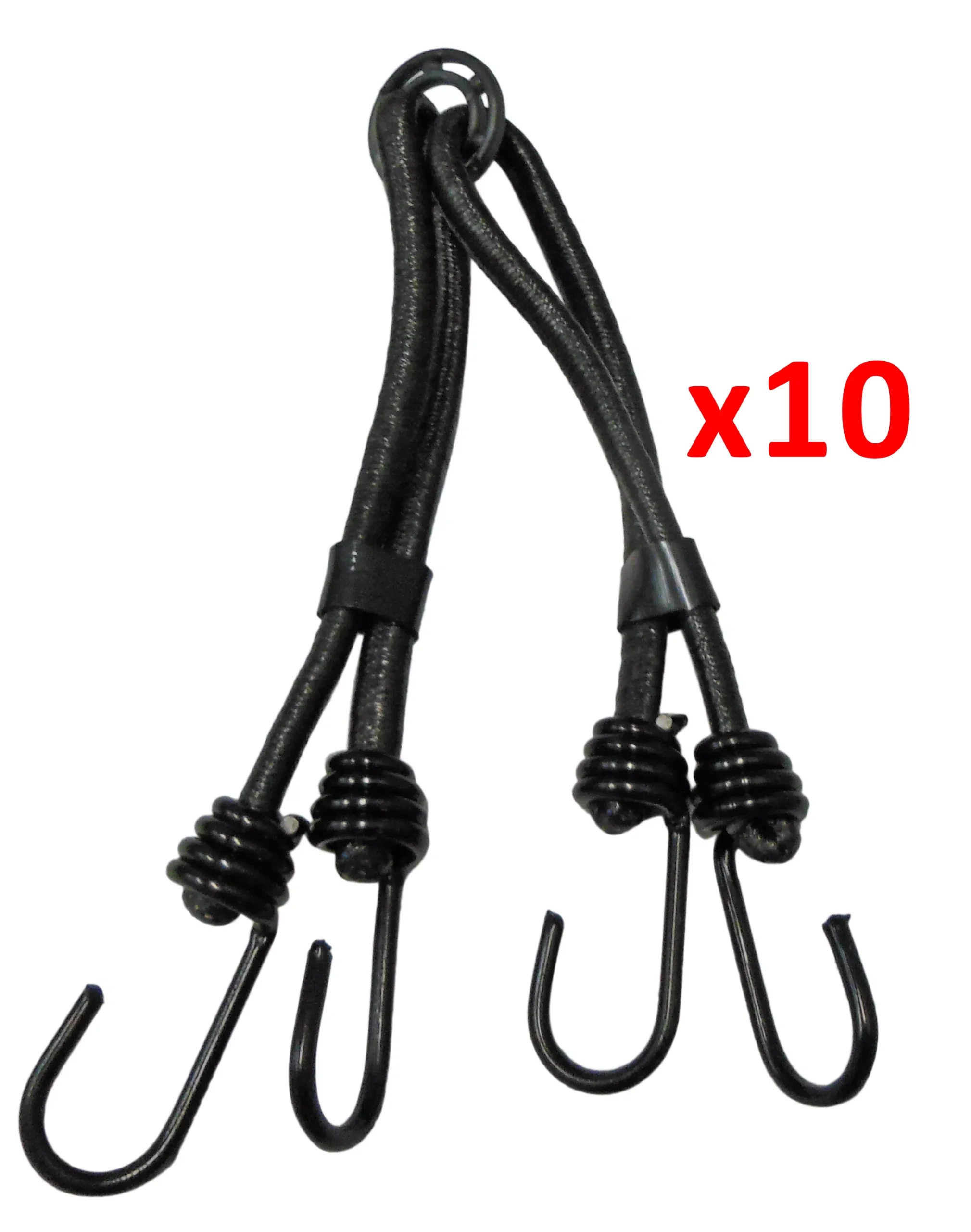 10-Pack Black Bungee Cord with 4 Hooks 10mm (7/16") Dia.