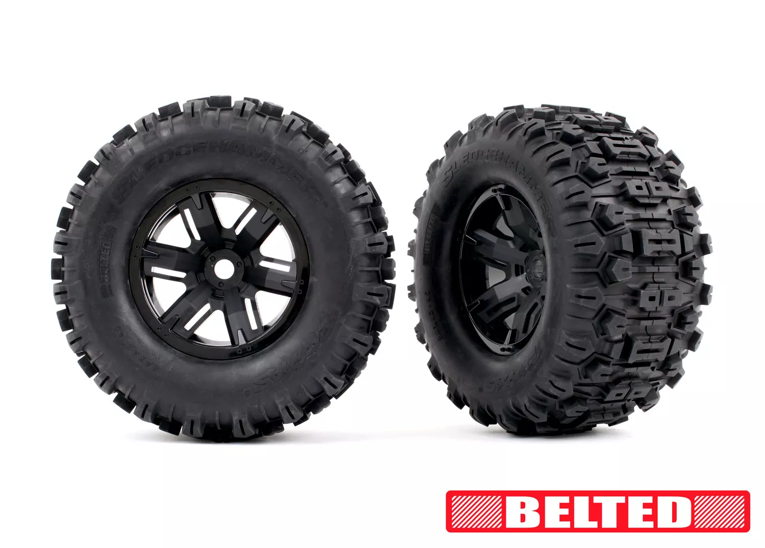 8.4" Sledgehammer Belted Tires on X-Maxx Wheels (Black or Black Chrome) Dual Profile (4.3" Outer, 5.7" Inner), Foam Inserts) (Left & Right)