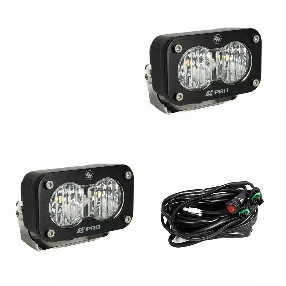 Baja Designs Auxiliary LED Light Pod Pair Black Case S2 Pro Series Wide Cornering Pattern Baja Amber Lens Universal 487815