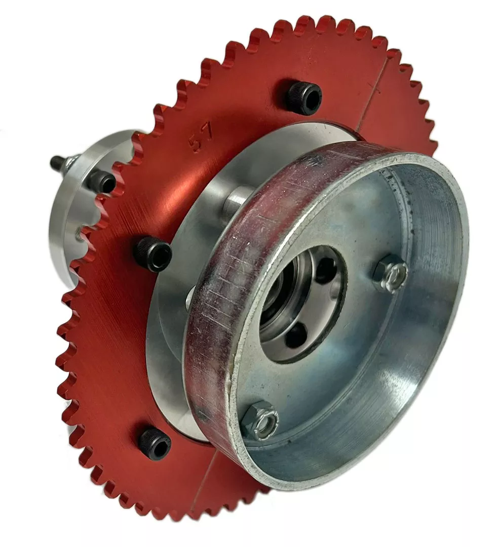 Drive Wheel with Brake Drum & Sprocket 58mm & 2.5″ Bolt Circle | 4″ Internal Brake Drum