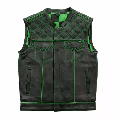 First Manufacturing Green Checker Factory Custom Black Leather Vest