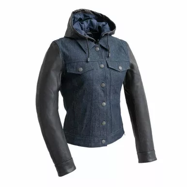 First Manufacturing Holli Womens Blue Denim Leather Jacket
