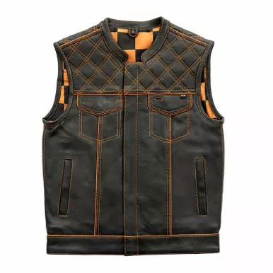 First Manufacturing Orange Checker Factory Custom Black Leather Vest