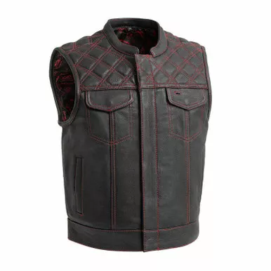 First Manufacturing Upside Quilted Diamond Black Red Leather Vest