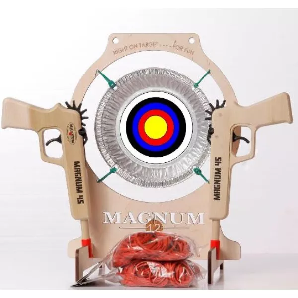 Pie Tin Target Set with (2) Magnum 45 Rubberband Gun Pistols