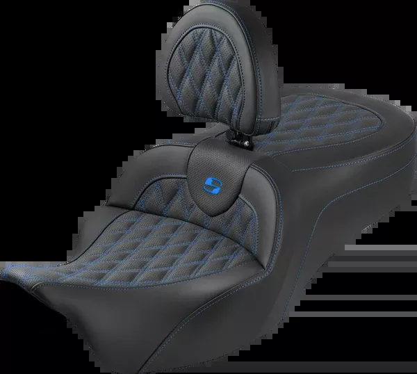 Saddlemen Roadsofa™ King Seat – With Backrest – Lattice Stitch – Blue Stitch – FLH/FLT ’08-’25