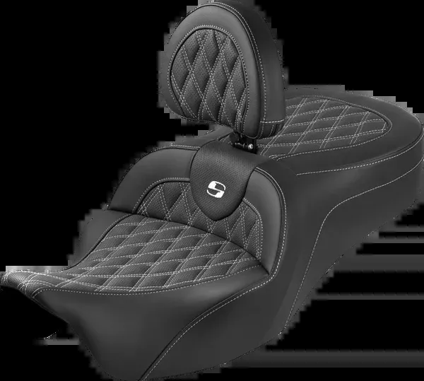 Saddlemen Roadsofa™ King Seat – With Backrest – Lattice Stitch – White Stitch – FLH/FLT ’08-’25