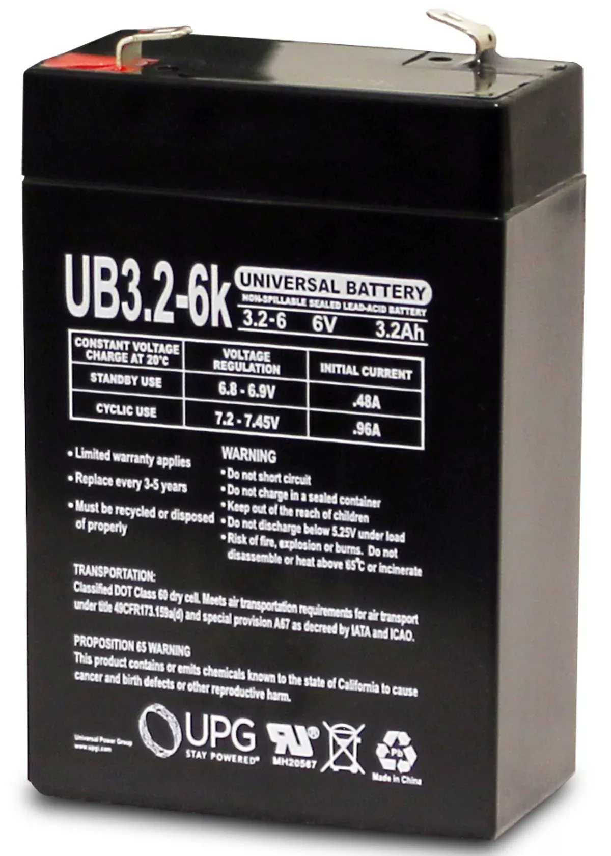 UPG Battery Compatible with EaglePicher CF6V2.6 6V 3.2Ah Emergency Light Battery